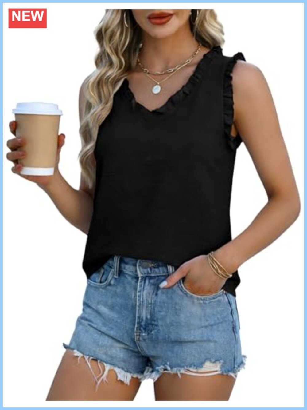 Ruffle V Neck Sleeveless Tank Top Women Summer Blouse Casual